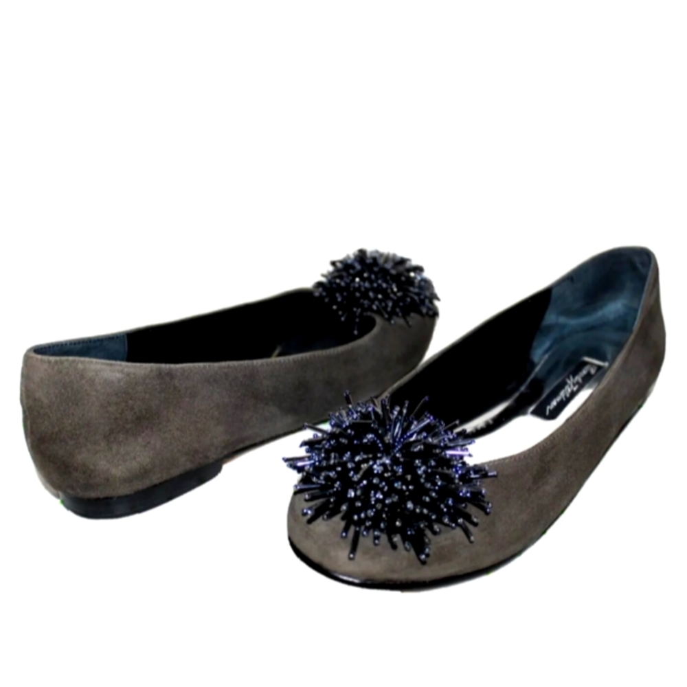 Beverly Feldman Floral Embellished Graphite Premium Suede Leather Flats 7 US